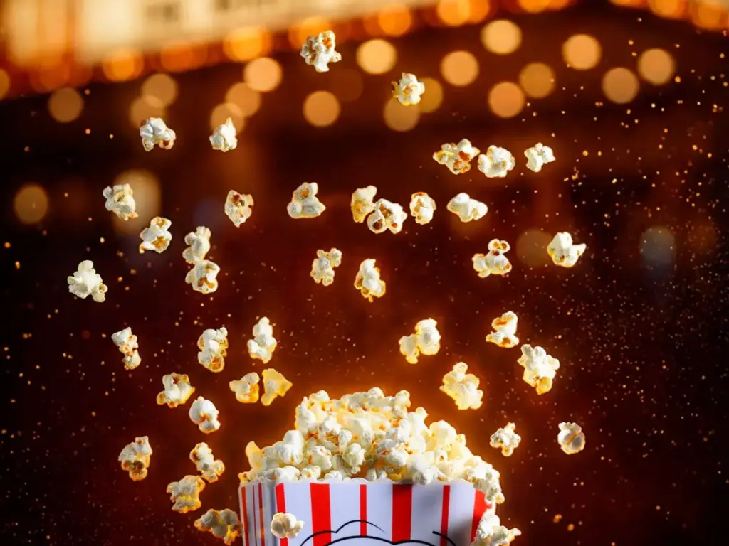 Pop-corn devant une enseigne lumineuse de cinéma — films X et VOD adulte illimitée